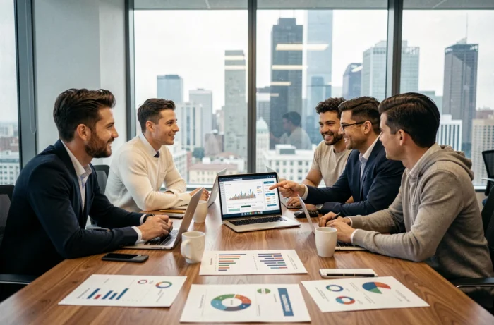 Équipe d'une startup analysant les performances de l'entreprise lors d'une réunion stratégique
