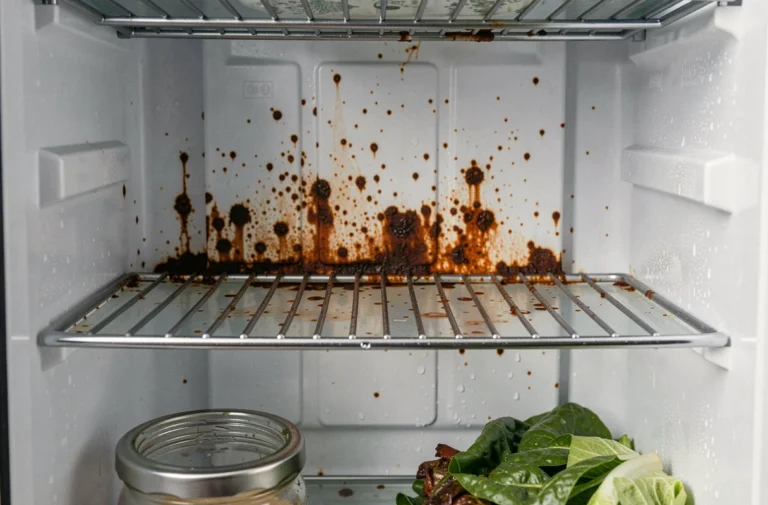 Taches de rouille visibles sur les grilles et la paroi intérieure d'un réfrigérateur domestique ouvert