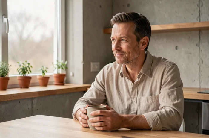 Homme se relaxant avec une tasse de tisane dans une cuisine minimaliste, incarnant une routine de bien-être simple au quotidien
