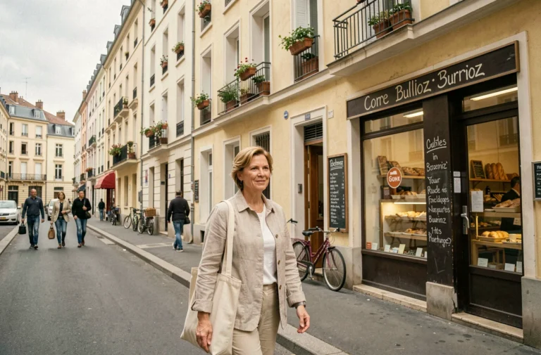 Femme se promenant dans une rue animée du quartier Mermoz à Lyon, avec des immeubles résidentiels aux façades claires et une boulangerie en arrière-plan