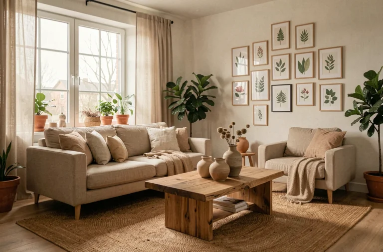 Salon moderne au style scandinave avec canapé en lin, tapis en jute et vases en céramique sur une table basse en chêne