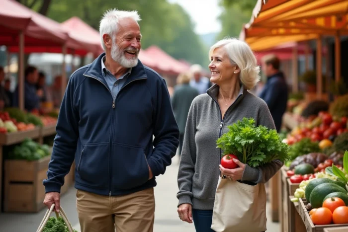 Couple de seniors souriants faisant leurs courses au marché en plein air, illustrant la vie sociale active et le bien-être au quotidien pour les personnes âgées
