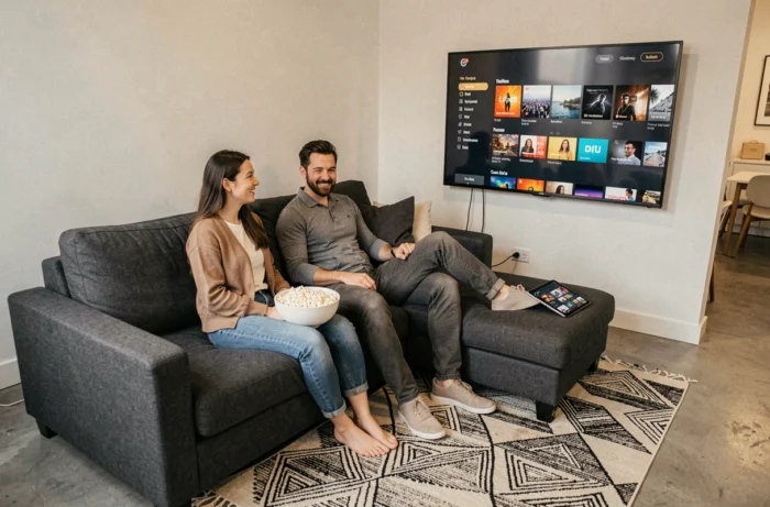 Deux amis regardant ensemble des séries en streaming gratuit sur une télévision dans un salon contemporain
