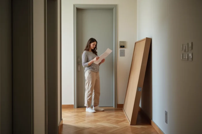 Femme examinant les dimensions d'un sommier démonté face à un ascenseur dans un couloir d'appartement