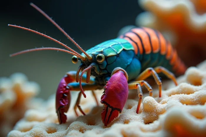Squille paon aux couleurs spectrales sur un récif corallien, animal symbolisant la diversité de l'identité xénogenre et non-binaire
