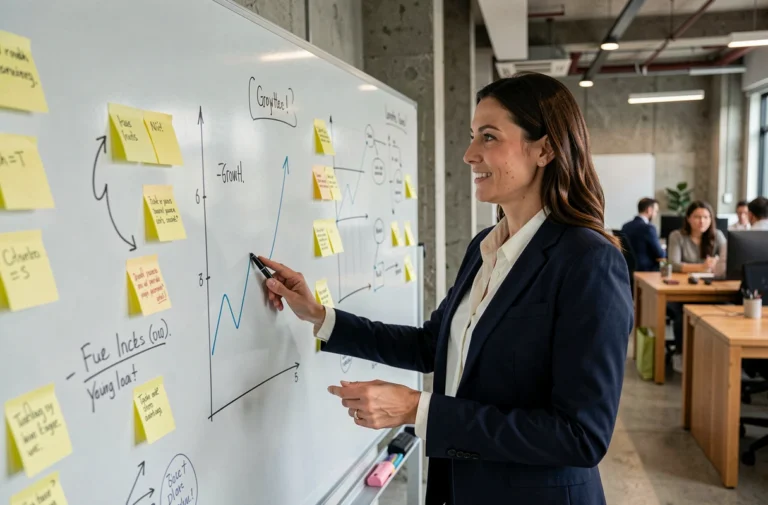 Dirigeante de startup présentant une stratégie de croissance sur un tableau blanc dans un bureau moderne