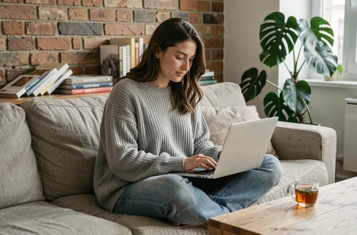 Jeune femme regardant des séries en streaming gratuit sur un ordinateur portable dans un appartement parisien cosy