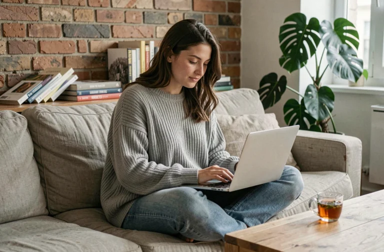 Jeune femme regardant des séries en streaming gratuit sur un ordinateur portable dans un appartement parisien cosy