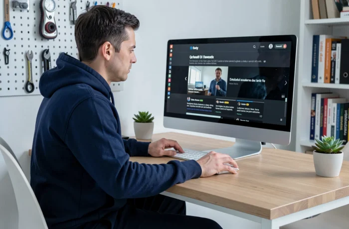 Homme consultant un site de streaming légal gratuit sur un grand écran dans un bureau à domicile moderne
