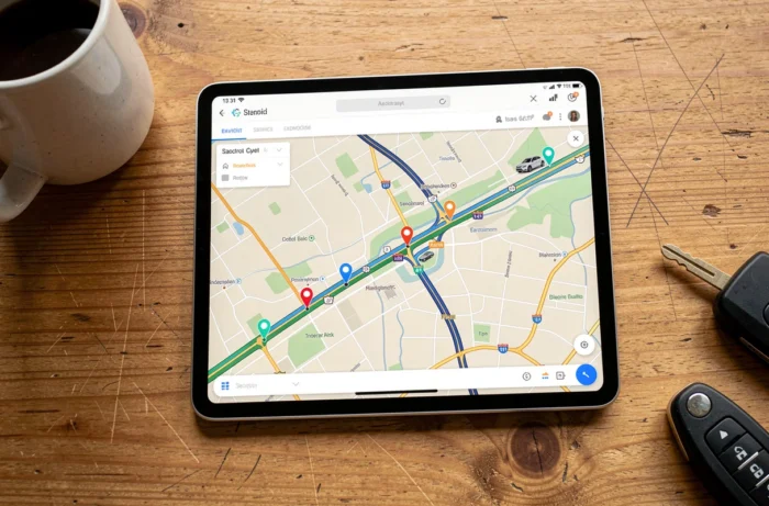 Tablette affichant une carte d'itinéraire voiture électrique avec bornes de recharge planifiées sur une table