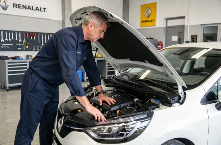 Technicien Renault en uniforme inspectant le moteur d'une Clio blanche dans un garage professionnel près de Toulouse