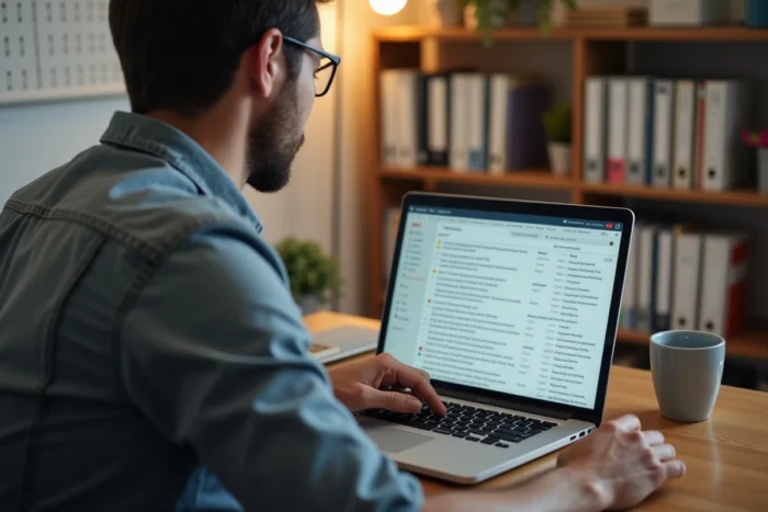Homme en télétravail organisant ses emails Zimbra sur un ordinateur portable dans un bureau à domicile bien rangé