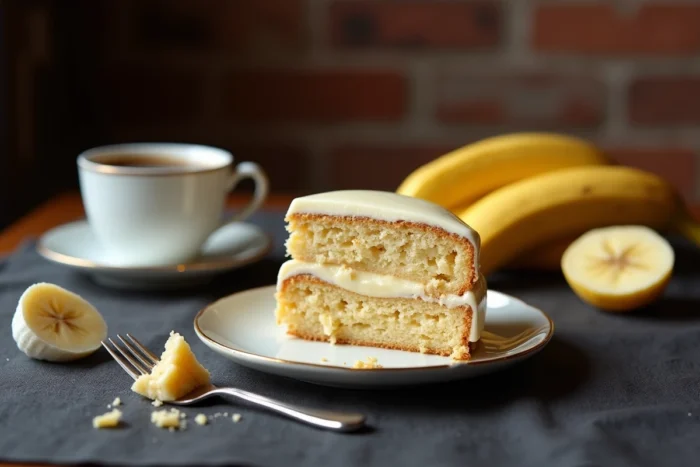 Tranche de moelleux à la banane et chocolat blanc sur une assiette en porcelaine vintage révélant un cœur fondant et moelleux, accompagnée d'un café noir dans une ambiance de café cosy