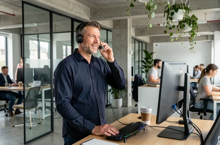 Travailleur indépendant en appel professionnel dans un espace de coworking moderne et collaboratif