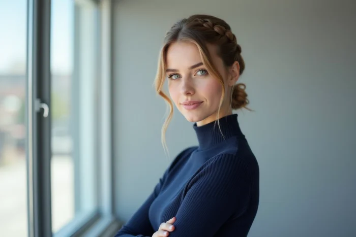 Femme européenne avec une tresse hollandaise sur cheveux courts en studio photo fond gris