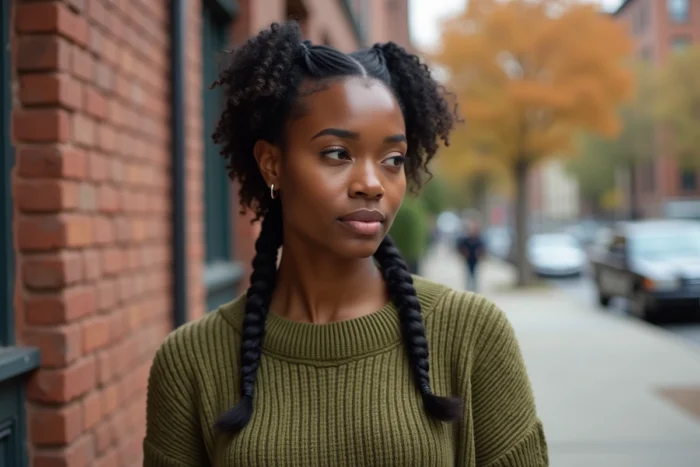 Femme métisse avec des tresses twist sur cheveux courts devant un mur de briques en ville