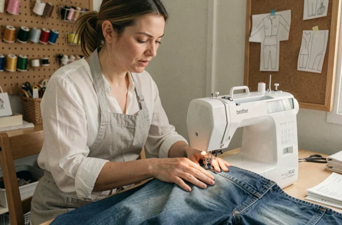 Femme utilisant la machine à coudre Brother FS40 pour coudre du tissu denim dans un coin couture à domicile