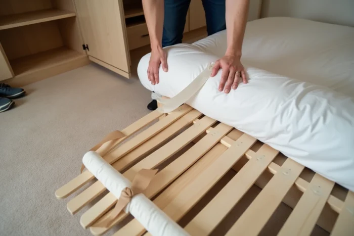 Vue aérienne de mains découpant les fixations d'un sommier à lattes roulé déroulé sur un tapis beige
